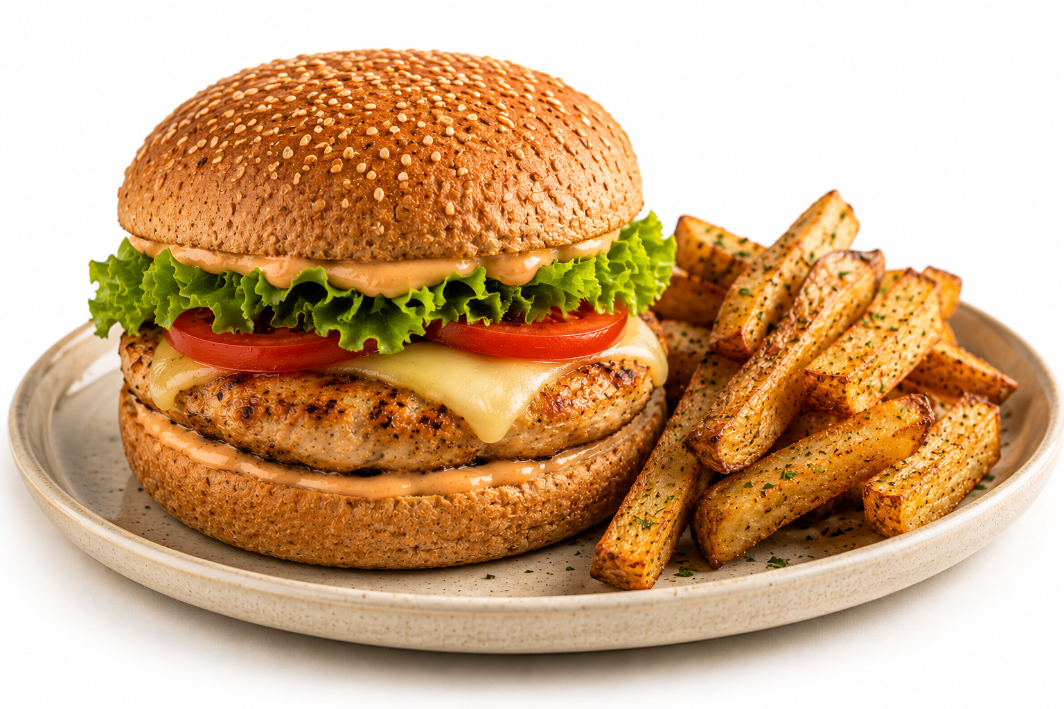 Chicken Cheeseburger + Baked Fries